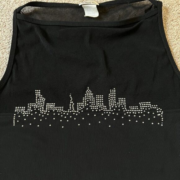 Vintage 90s Y2K Agaci Too Black Sheer Skyline Jeweled Tank Top Fairy L - Picture 2 of 7